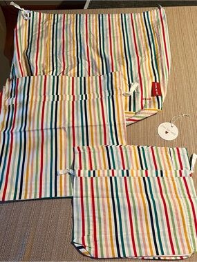 NEW! Set of 3 Peace Love World Reusable Drawstring Bags in Multi Stripe Print